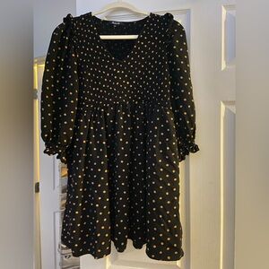 Black Long Sleeve Polka Dot Smocked Dress - Tan Dots